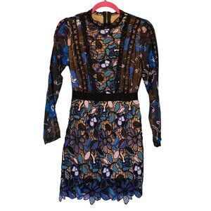 LEA Floral Macrame Lace Dress With Sheer Sleeves & Zipper Closure Size S